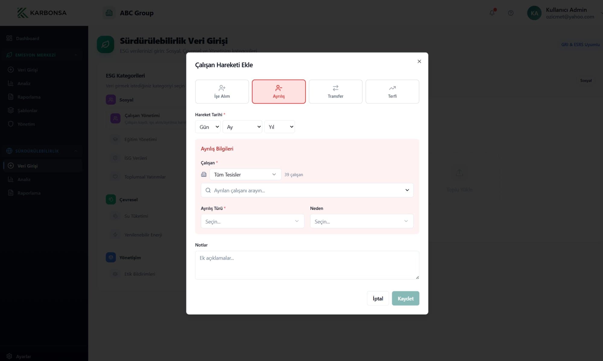 Çalışan Hareketi — Detaylı İK veri girişi