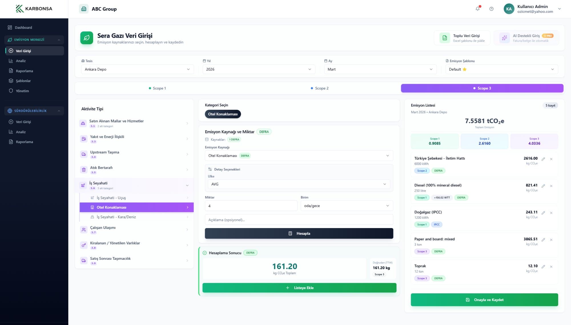 Sera Gazı Veri Girişi — Scope bazlı emisyon hesaplama arayüzü