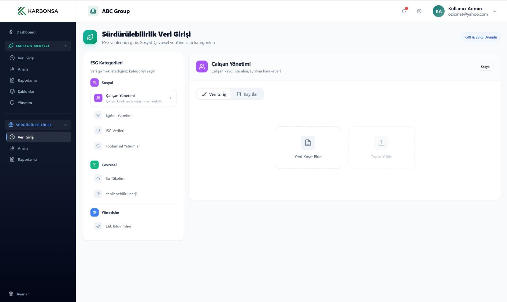 Sürdürülebilirlik Veri Girişi — ESG kategorileri